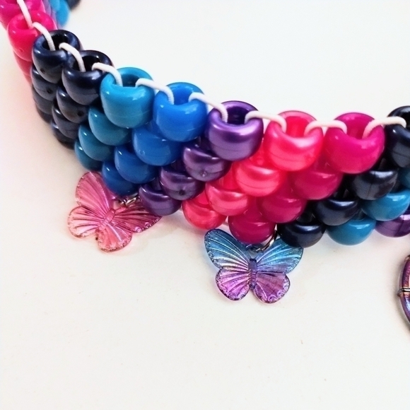 HANDMADE Iridescent Kandi Choker with Dreamcatcher and Butterfly Charms - Picture 5 of 13